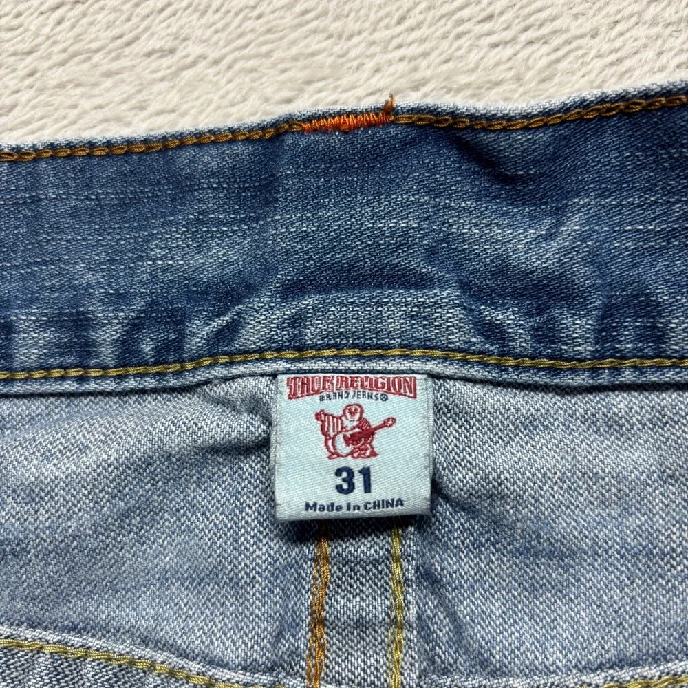 True‎ Religion Slim Fit Blue Denim Jeans Mens 31x33 Flap Pockets Whiskering Fade